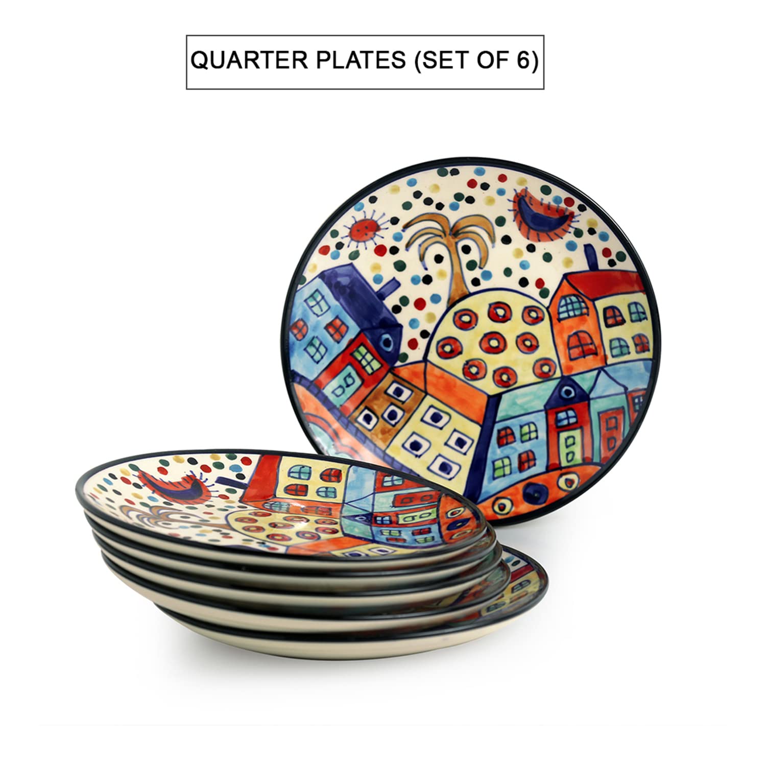 Exclusivelane The Hut Family Ceramic Quarter Plates Set Of 6 (6 Pieces, 7 Inch, Dishwasher & Microwave Safe) |Handpainted Quar